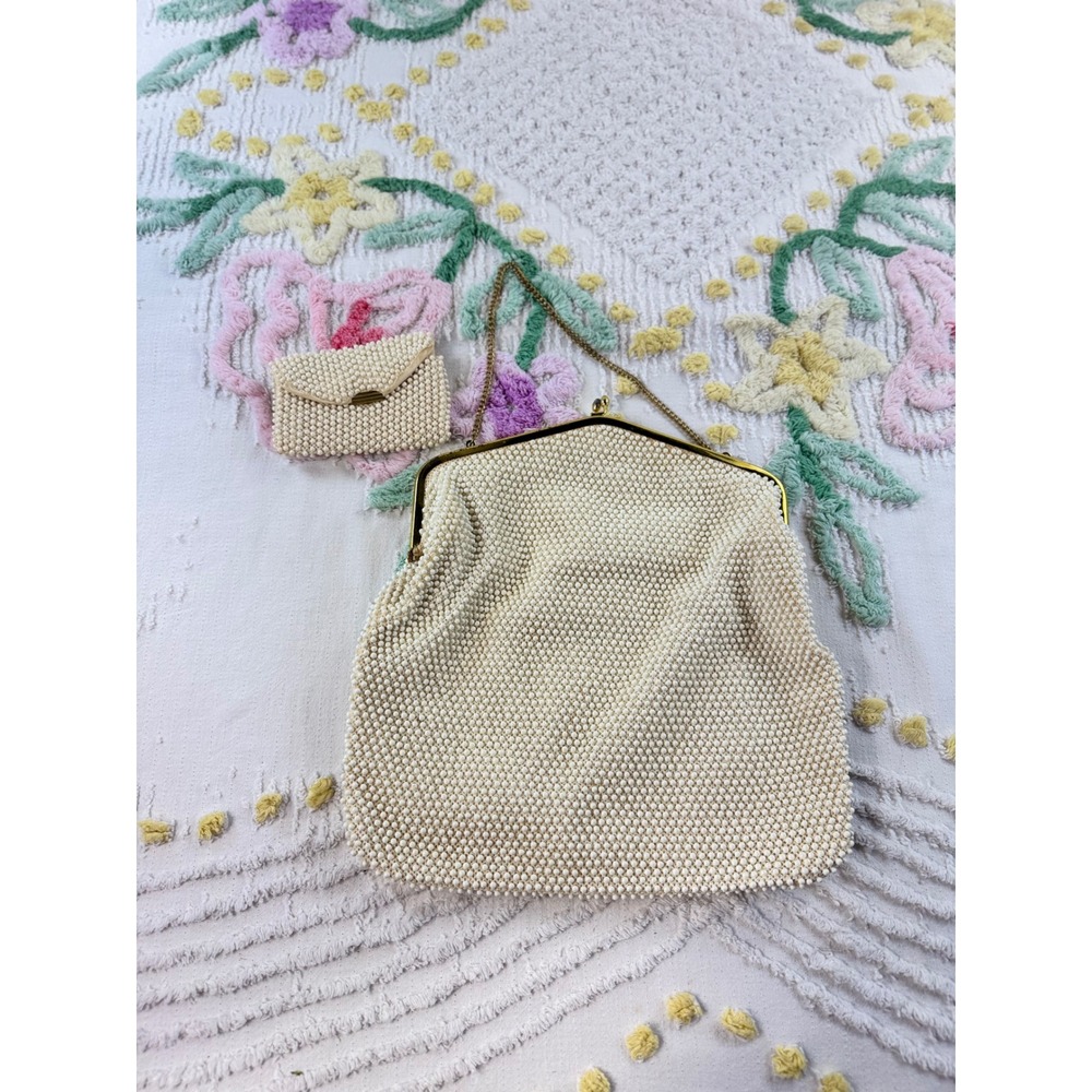 Vintage Corde-Bead Cream Faux Pearl Handbag Kiss Lock Evening Bag with Coin Purs